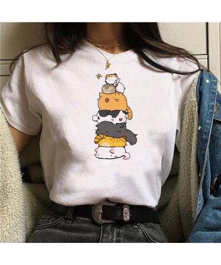 Vintage Cartoon Cats Print Ladies T-Shirt Tops Summer Casual Basics O-Collar White Tee Shirt Short Sleeve Graphics Women Tshi...