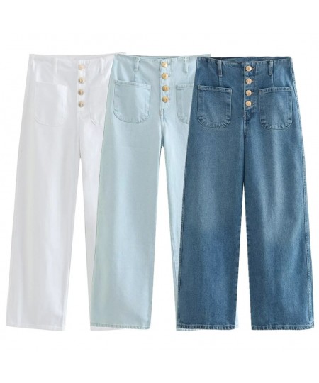 England High Street Retro Washed Single Breasted Gold Buttons Pockets Loose Denim Pants WomenMom Jeans $56.45 - Jeans