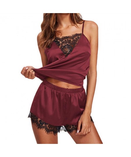 Spaghetti Strap Women Pyjama Set Vest Shorts Sexy Lace Satin Camisole Short Pants Pyjamas for Women Sleepwear Set $12.49 - Sl...