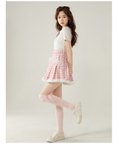 Winter Kawaii Pink Plaid Pleated Skirt Casual Cute Skirts School Girls Lolita Short Tutu Skirts Korean Fashion High Waist Ski...