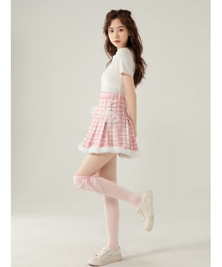 Winter Kawaii Pink Plaid Pleated Skirt Casual Cute Skirts School Girls Lolita Short Tutu Skirts Korean Fashion High Waist Ski...