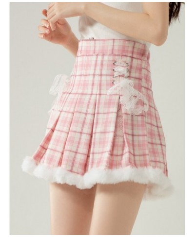 Winter Kawaii Pink Plaid Pleated Skirt Casual Cute Skirts School Girls Lolita Short Tutu Skirts Korean Fashion High Waist Ski...