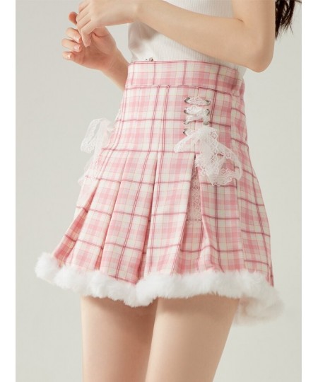 Winter Kawaii Pink Plaid Pleated Skirt Casual Cute Skirts School Girls Lolita Short Tutu Skirts Korean Fashion High Waist Ski...