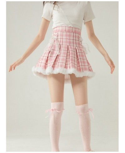 Winter Kawaii Pink Plaid Pleated Skirt Casual Cute Skirts School Girls Lolita Short Tutu Skirts Korean Fashion High Waist Ski...