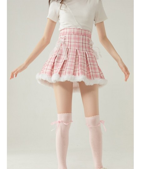 Winter Kawaii Pink Plaid Pleated Skirt Casual Cute Skirts School Girls Lolita Short Tutu Skirts Korean Fashion High Waist Ski...