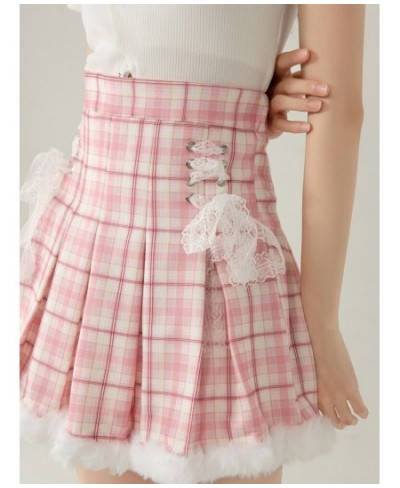 Winter Kawaii Pink Plaid Pleated Skirt Casual Cute Skirts School Girls Lolita Short Tutu Skirts Korean Fashion High Waist Ski...