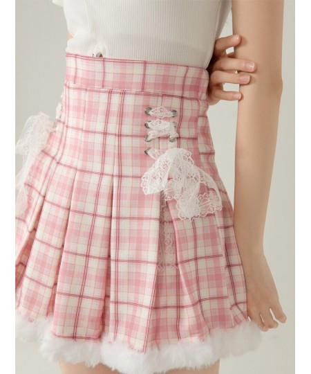 Winter Kawaii Pink Plaid Pleated Skirt Casual Cute Skirts School Girls Lolita Short Tutu Skirts Korean Fashion High Waist Ski...