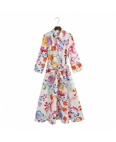 2023 Summer Women Vintage Floral Print Dress With Bow Female Sashes Midi Shirt Dress Chic Casual Slim Vestidos Mujer $39.76 -...