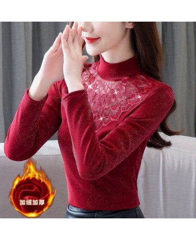 2023 New Women Autumn Winter Warm Thick Fleece Blouse Lady Elegant Embroidery Fashion Slim Hollow Out Mesh Diamonds Shirt A31...