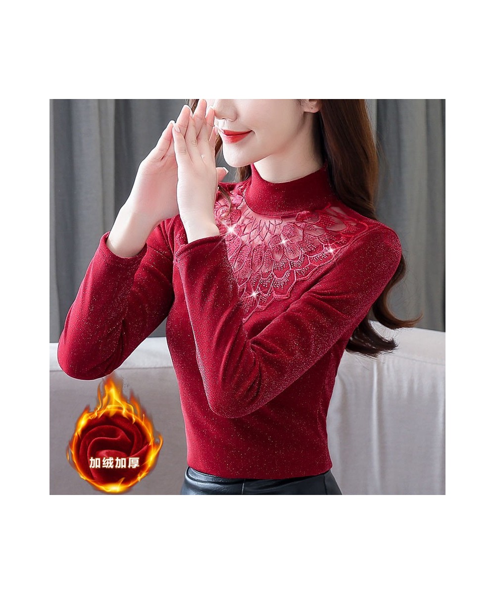 2023 New Women Autumn Winter Warm Thick Fleece Blouse Lady Elegant Embroidery Fashion Slim Hollow Out Mesh Diamonds Shirt A31...