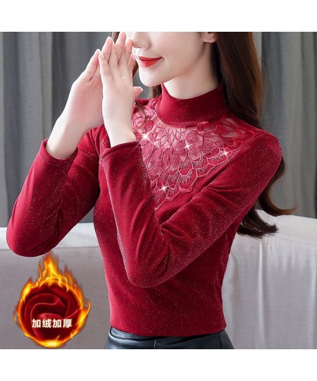 2023 New Women Autumn Winter Warm Thick Fleece Blouse Lady Elegant Embroidery Fashion Slim Hollow Out Mesh Diamonds Shirt A31...