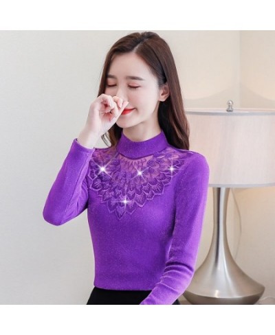 2023 New Women Autumn Winter Warm Thick Fleece Blouse Lady Elegant Embroidery Fashion Slim Hollow Out Mesh Diamonds Shirt A31...