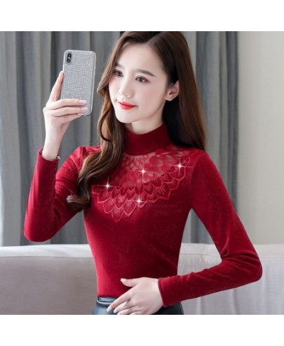 2023 New Women Autumn Winter Warm Thick Fleece Blouse Lady Elegant Embroidery Fashion Slim Hollow Out Mesh Diamonds Shirt A31...