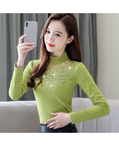 2023 New Women Autumn Winter Warm Thick Fleece Blouse Lady Elegant Embroidery Fashion Slim Hollow Out Mesh Diamonds Shirt A31...