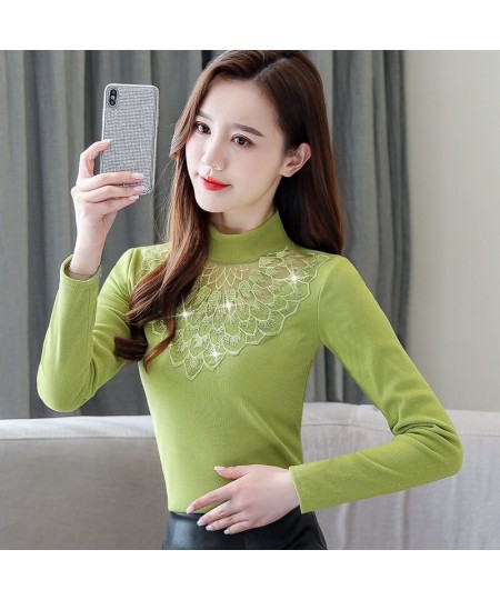 2023 New Women Autumn Winter Warm Thick Fleece Blouse Lady Elegant Embroidery Fashion Slim Hollow Out Mesh Diamonds Shirt A31...