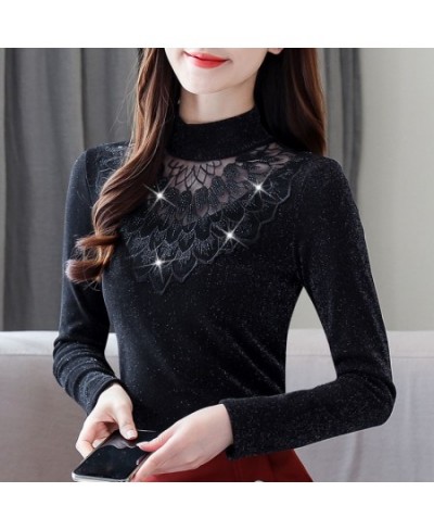 2023 New Women Autumn Winter Warm Thick Fleece Blouse Lady Elegant Embroidery Fashion Slim Hollow Out Mesh Diamonds Shirt A31...