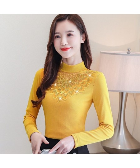 2023 New Women Autumn Winter Warm Thick Fleece Blouse Lady Elegant Embroidery Fashion Slim Hollow Out Mesh Diamonds Shirt A31...