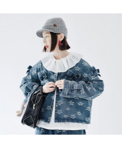 original design cardigan single breasted denim jacket print short casual fashion trend top bow women's clothing $108.85 - Jac...