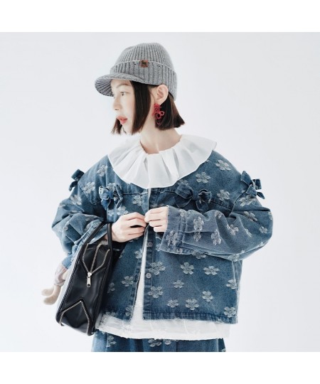 original design cardigan single breasted denim jacket print short casual fashion trend top bow women's clothing $108.85 - Jac...