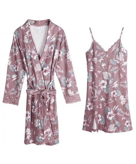 Sexy Lace Trim Nightgown Plus Size 3xl 2pcs Women Print Kimono Bathrobe Set V-neck Cotton Bride Dressing Gown Lingerie $62.25...