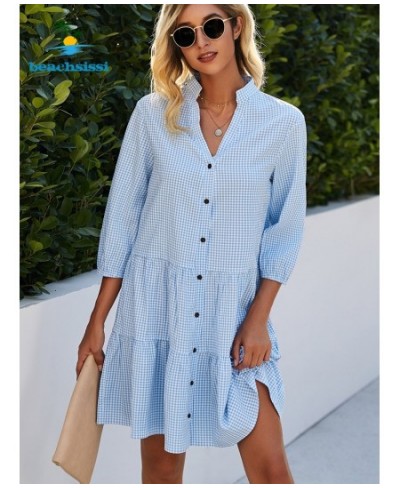 2 Colors Summer Women's Light Blue Plaid Dress Fashion Button Up Casual Sundress Ruffled Hem Mini Dresses For Woman $41.72 - ...