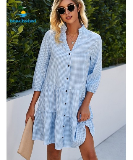 2 Colors Summer Women's Light Blue Plaid Dress Fashion Button Up Casual Sundress Ruffled Hem Mini Dresses For Woman $41.72 - ...