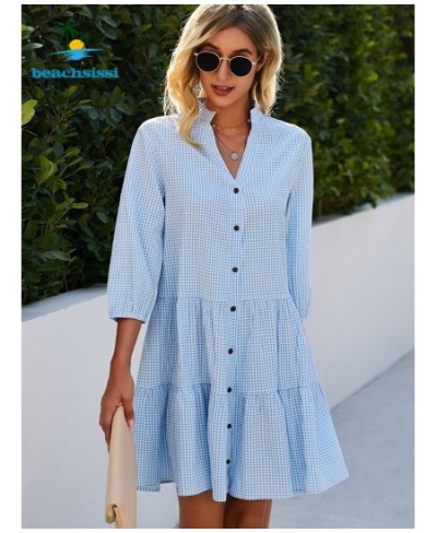 2 Colors Summer Women's Light Blue Plaid Dress Fashion Button Up Casual Sundress Ruffled Hem Mini Dresses For Woman $41.72 - ...