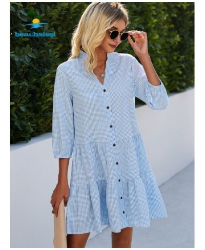 2 Colors Summer Women's Light Blue Plaid Dress Fashion Button Up Casual Sundress Ruffled Hem Mini Dresses For Woman $41.72 - ...