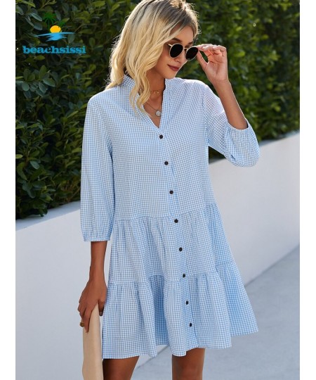 2 Colors Summer Women's Light Blue Plaid Dress Fashion Button Up Casual Sundress Ruffled Hem Mini Dresses For Woman $41.72 - ...