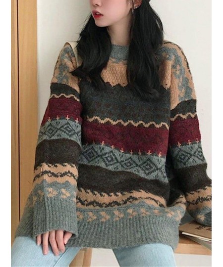 Pullovers Women Vintage Loose Casual Sweaters Geometric Female Harajuku Korean Fashion Womens Striped Sweater Streetwear Y2k ...