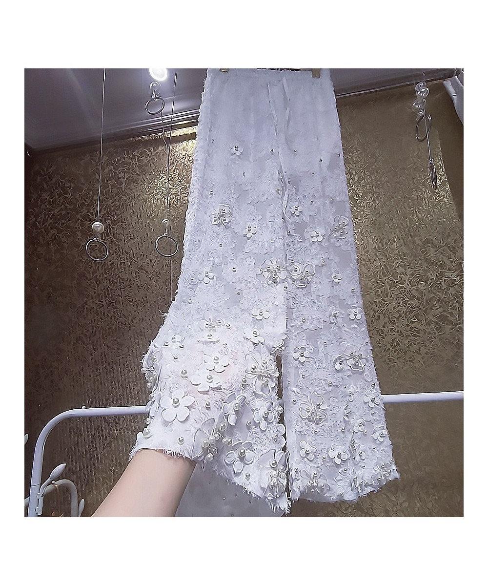 Spring Autumn Lace Pearl Beading Long Trousers Women Fashion Elastic Waist Wide Leg Pants $95.18 - Bottoms