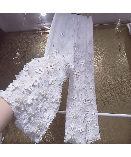 Spring Autumn Lace Pearl Beading Long Trousers Women Fashion Elastic Waist Wide Leg Pants $95.18 - Bottoms