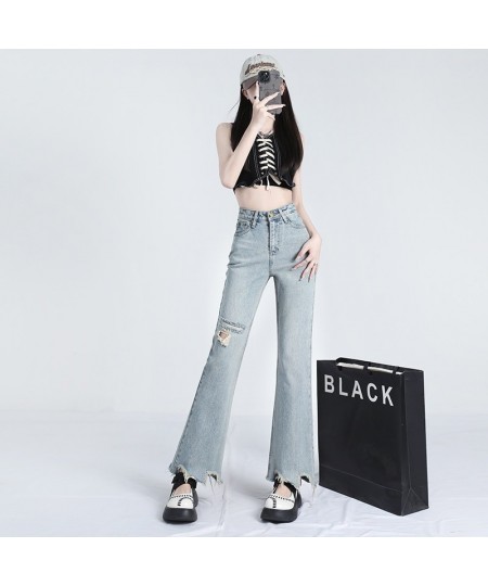 Light color ripped micro ripped jeans women's summer thin style high waist show thin person design sense irregular flare pant...