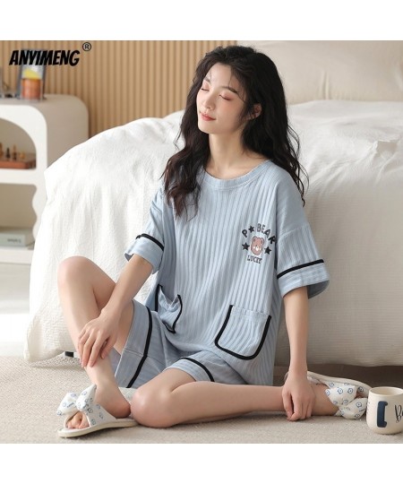 M-5XL Cute Bear Homesuits for Lady Woman Knitted Cotton Nightwear Summer Shorts Leisure Sleepwear Cool Pajamas Set for Female...