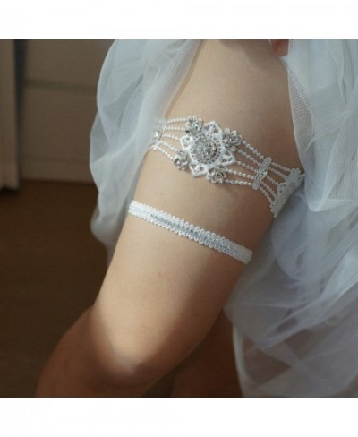 2pcs Women Bride Sexy Lace Crystal Rhinestones Floral Wedding Garter Set White Thigh Leg Garter Ring For Wedding Accessories ...