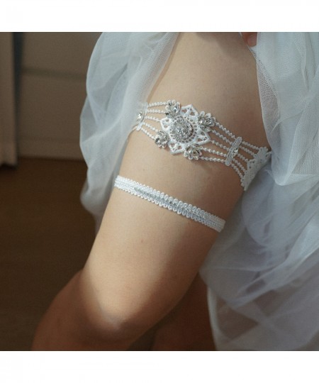 2pcs Women Bride Sexy Lace Crystal Rhinestones Floral Wedding Garter Set White Thigh Leg Garter Ring For Wedding Accessories ...