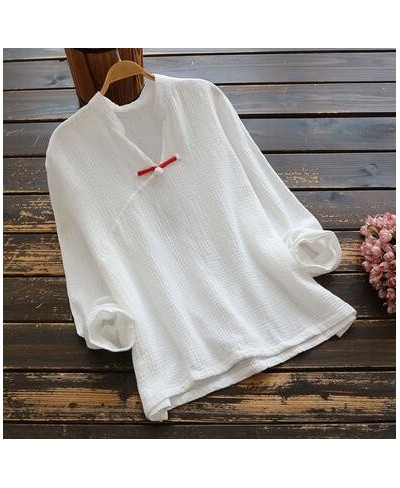 Vintage Mori Girl V neck Women Shirt 2023 Autumn Long Sleeve National Cotton Chinese Button Loose Female Fashion White Blouse...