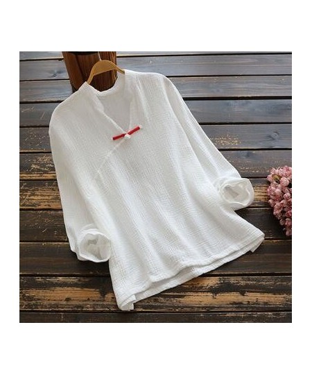 Vintage Mori Girl V neck Women Shirt 2023 Autumn Long Sleeve National Cotton Chinese Button Loose Female Fashion White Blouse...