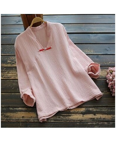 Vintage Mori Girl V neck Women Shirt 2023 Autumn Long Sleeve National Cotton Chinese Button Loose Female Fashion White Blouse...