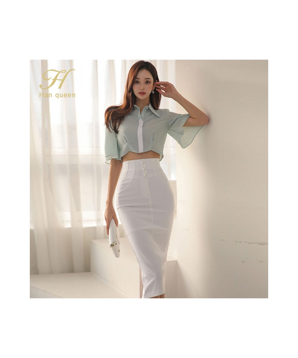 2023 New Summer 2 Pieces Set Women Flare Sleeve Short Top + High Waist Pencil Skirts Casual Simple Office Skirt Suit $56.58 -...