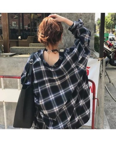 2023 New Classic Retro Plaid Pattern Women Blouse Korean Style Loose Casual Black Lapel Long Sleeve Shirt $29.32 - Blouses & ...