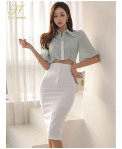 2023 New Summer 2 Pieces Set Women Flare Sleeve Short Top + High Waist Pencil Skirts Casual Simple Office Skirt Suit $56.58 -...