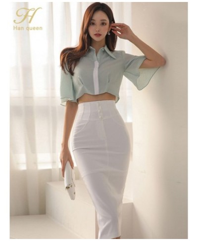 2023 New Summer 2 Pieces Set Women Flare Sleeve Short Top + High Waist Pencil Skirts Casual Simple Office Skirt Suit $56.58 -...