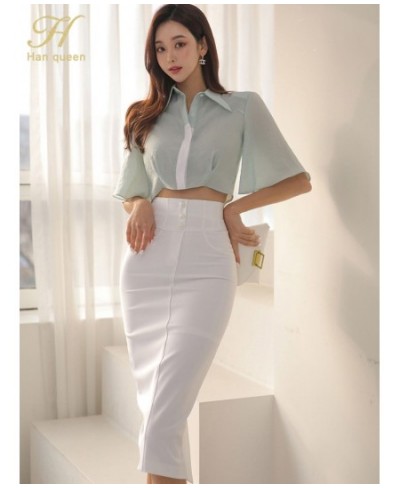 2023 New Summer 2 Pieces Set Women Flare Sleeve Short Top + High Waist Pencil Skirts Casual Simple Office Skirt Suit $56.58 -...