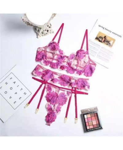 Lace Floral Lingerie Sets Sexy Fancy Underwear Embroidery Brief Sets Big Size Underwire Bra And Thong with Garters $36.08 - U...