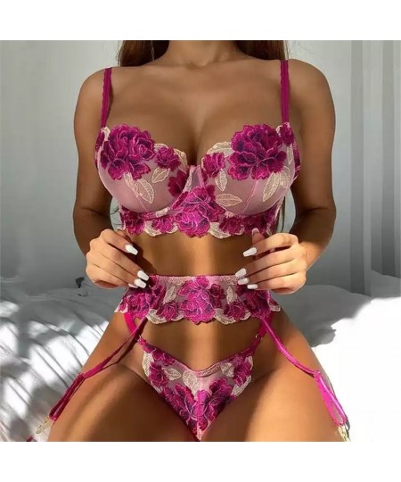 Lace Floral Lingerie Sets Sexy Fancy Underwear Embroidery Brief Sets Big Size Underwire Bra And Thong with Garters $36.08 - U...