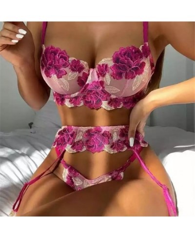 Lace Floral Lingerie Sets Sexy Fancy Underwear Embroidery Brief Sets Big Size Underwire Bra And Thong with Garters $36.08 - U...