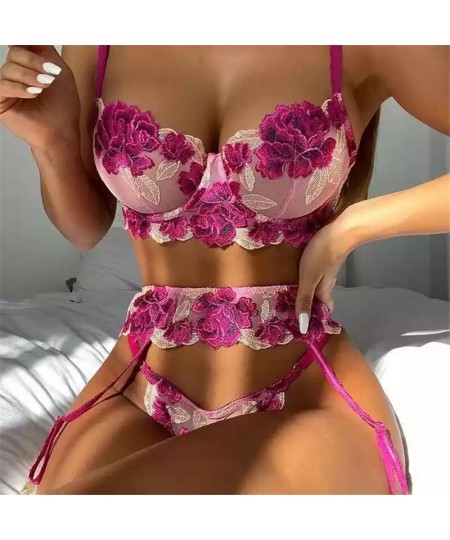 Lace Floral Lingerie Sets Sexy Fancy Underwear Embroidery Brief Sets Big Size Underwire Bra And Thong with Garters $36.08 - U...