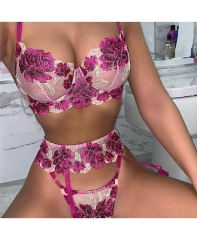 Lace Floral Lingerie Sets Sexy Fancy Underwear Embroidery Brief Sets Big Size Underwire Bra And Thong with Garters $36.08 - U...