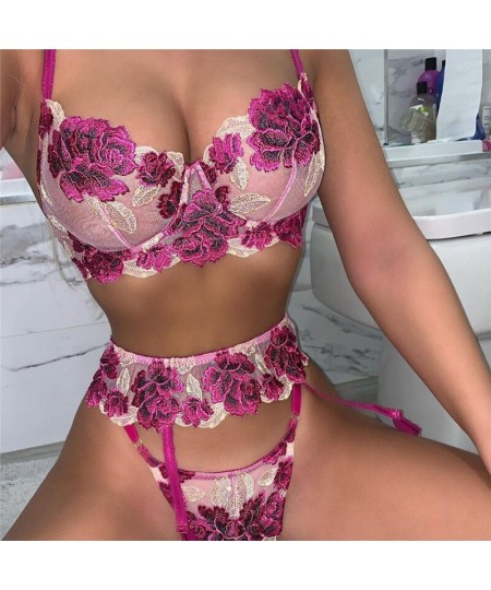 Lace Floral Lingerie Sets Sexy Fancy Underwear Embroidery Brief Sets Big Size Underwire Bra And Thong with Garters $36.08 - U...